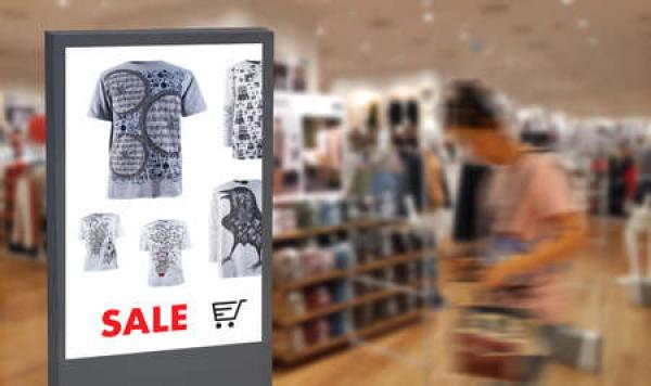 A digital sign in a store indicates a sale on t-shirts