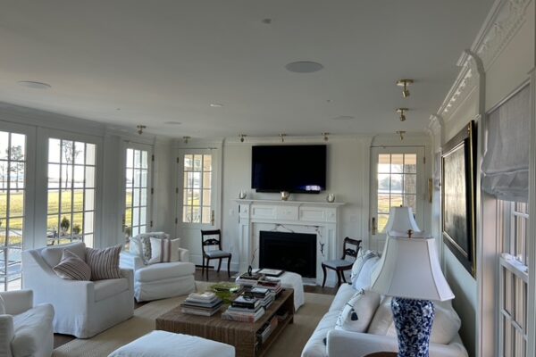 Living room TV and soundbar with speakers