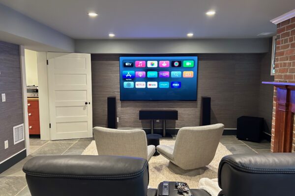 Wall mounted TV and front channel speakers